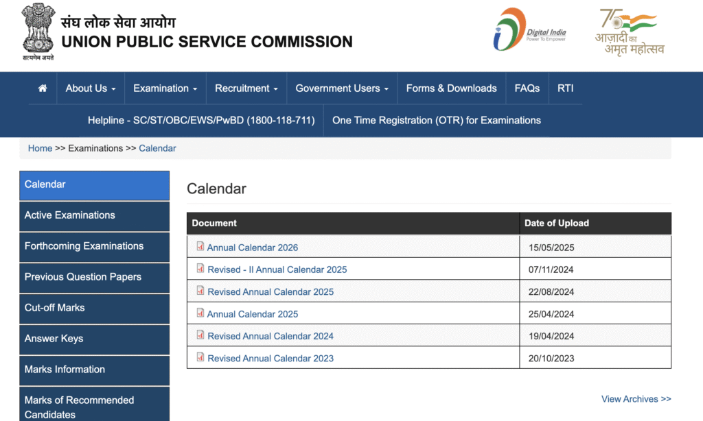UPSC 2026 Calendar PDF Download Official Link