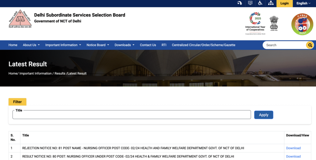 DSSSB Nursing Officer Result 2025