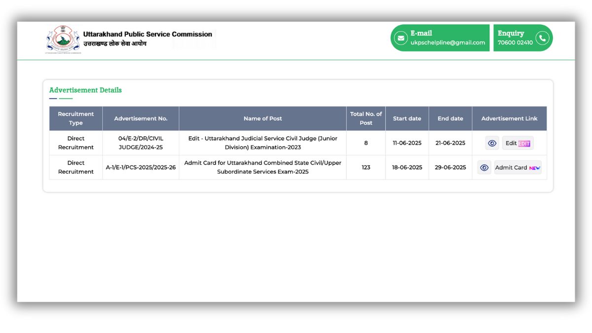UKPSC Admit Card 2025