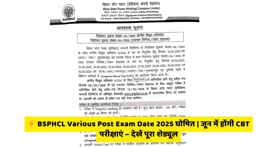BSPHCL Various Post Exam Date 2025