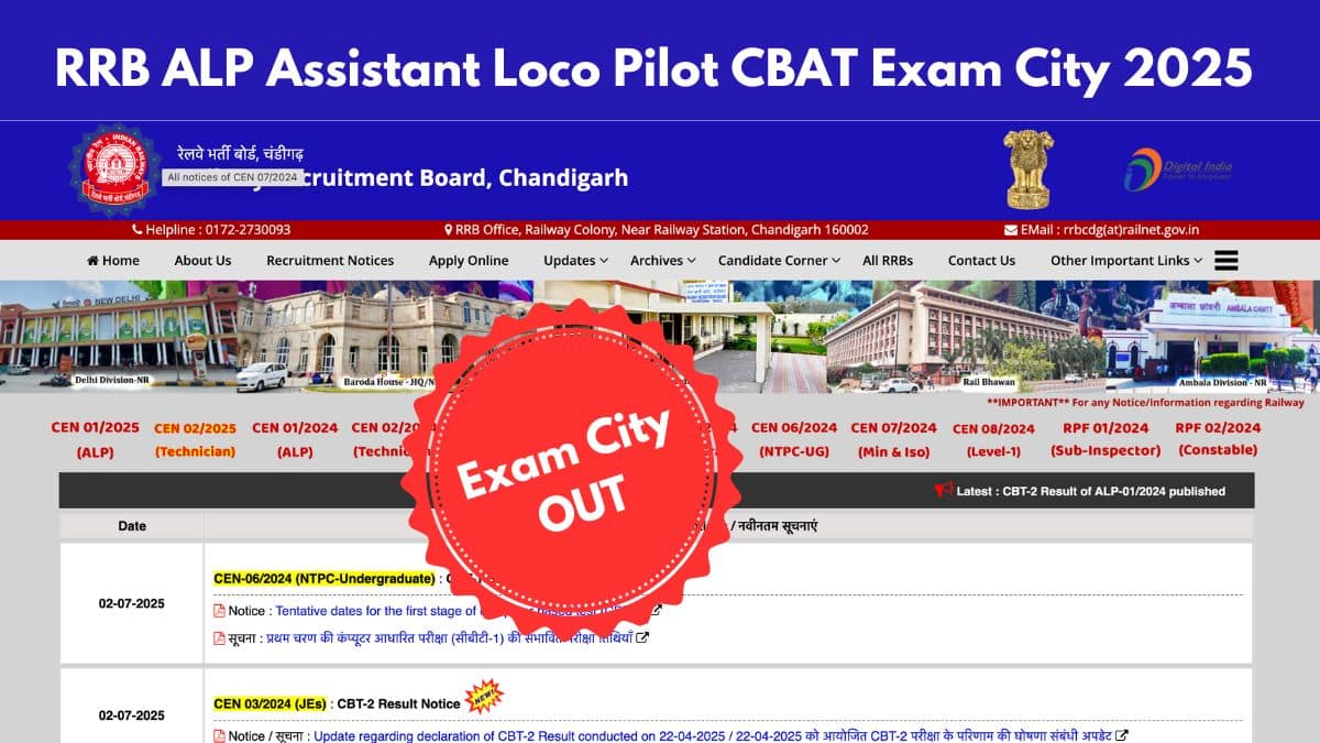 RRB ALP Assistant Loco Pilot CBAT Exam City 2025