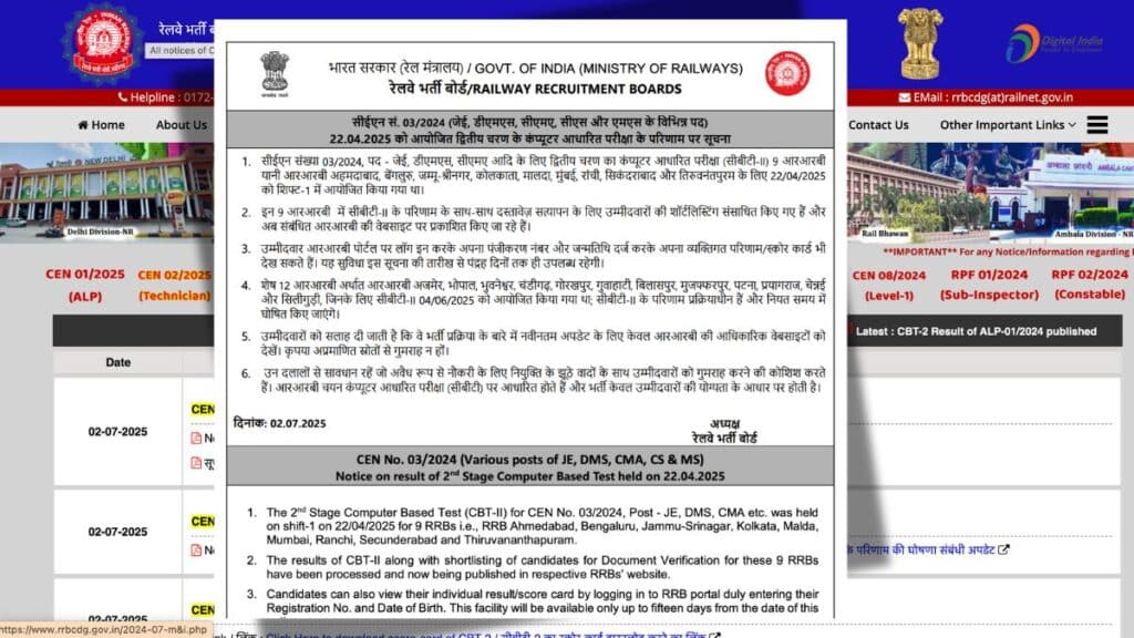 RRB JE Stage II Result 2025