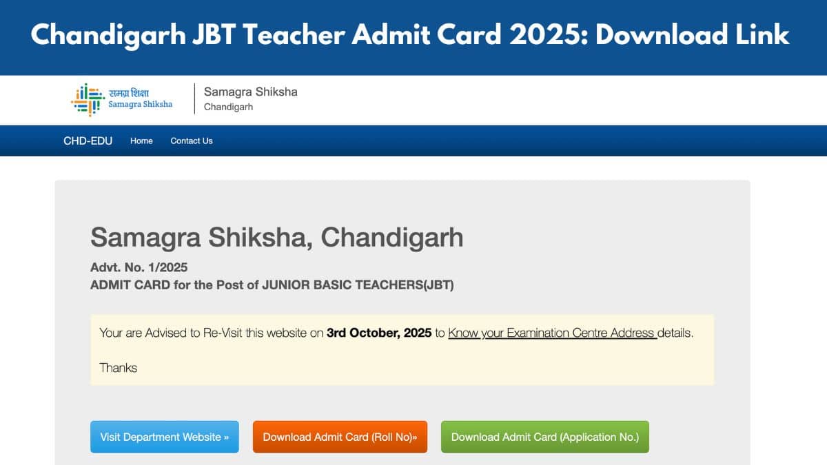 Chandigarh JBT Teacher Admit Card 2025