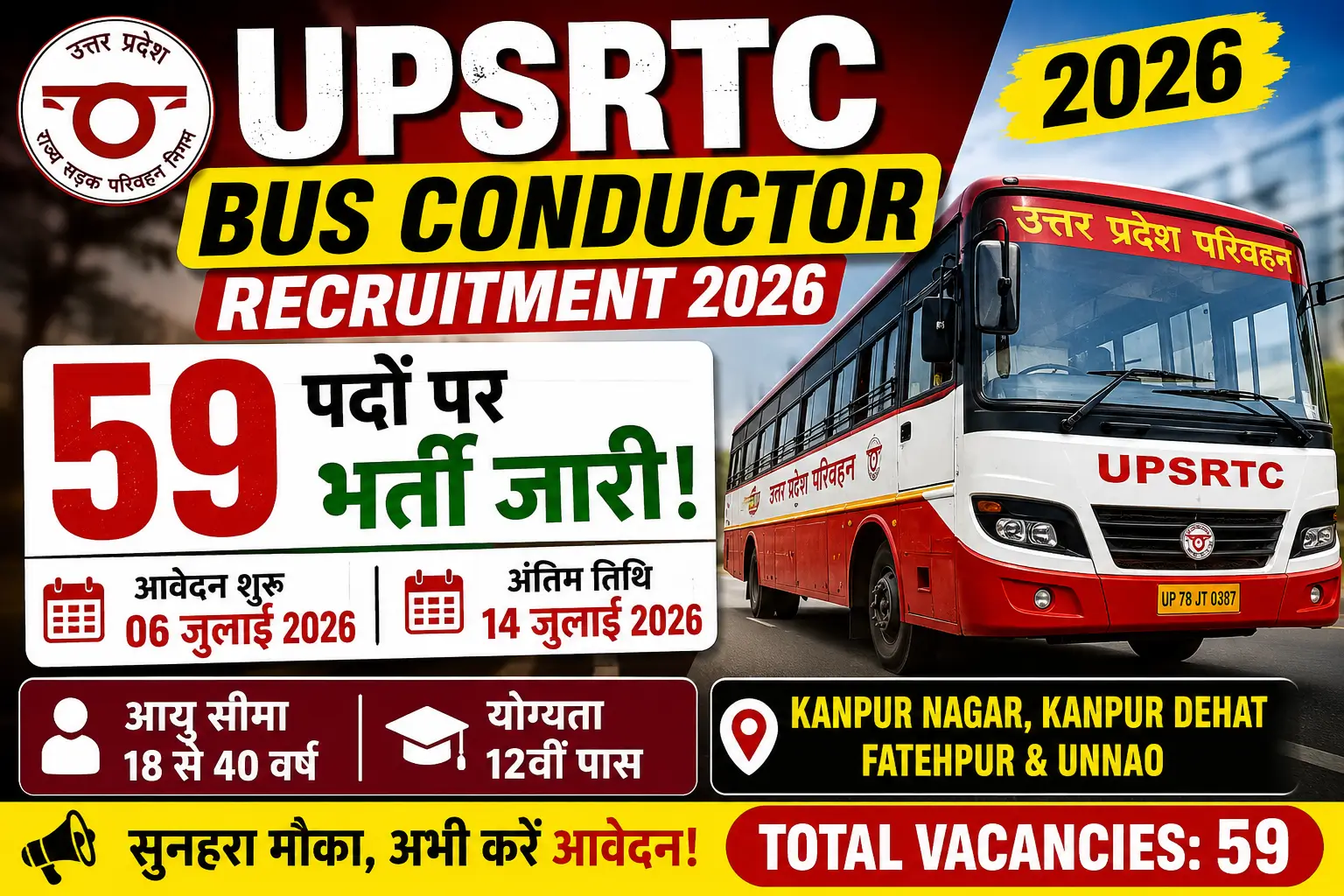 UPSRTC Bus Conductor Recruitment 2026 Kanpur Nagar Kanpur Dehat Fatehpur Unnao 59 Vacancy