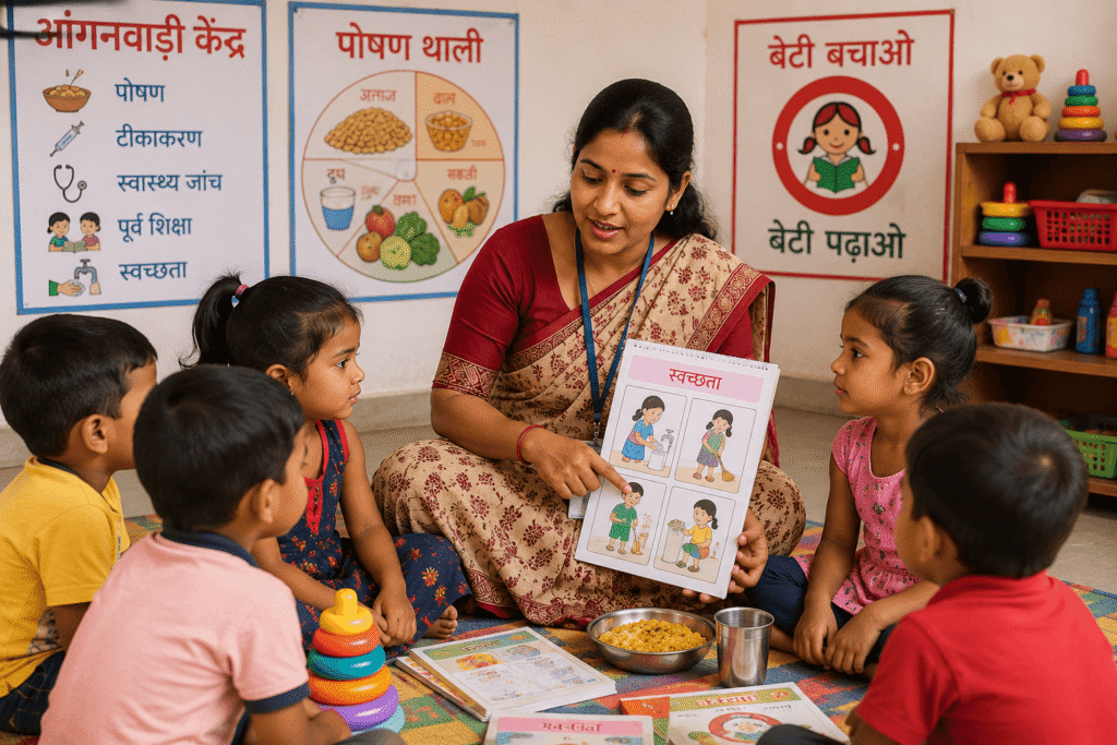 UP Anganwadi Bharti 2026: Latest Vacancy, Eligibility, Salary, Selection Process, District Wise Updates 1 UP Anganwadi Worker Teaching Children at Anganwadi Centre