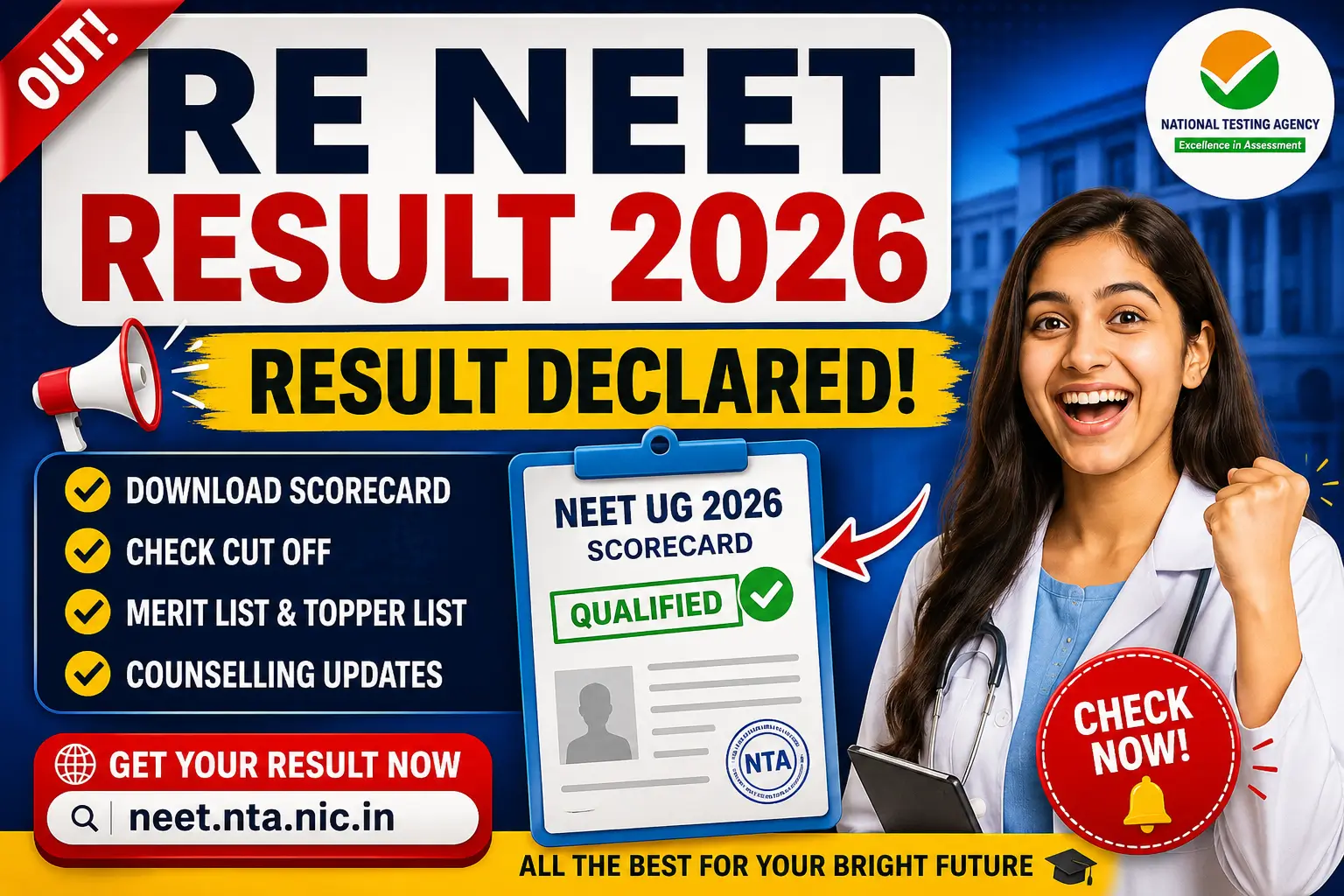 Re NEET Result 2026 Released – Download NTA NEET UG Scorecard, Check Cut Off, Topper List and Merit List