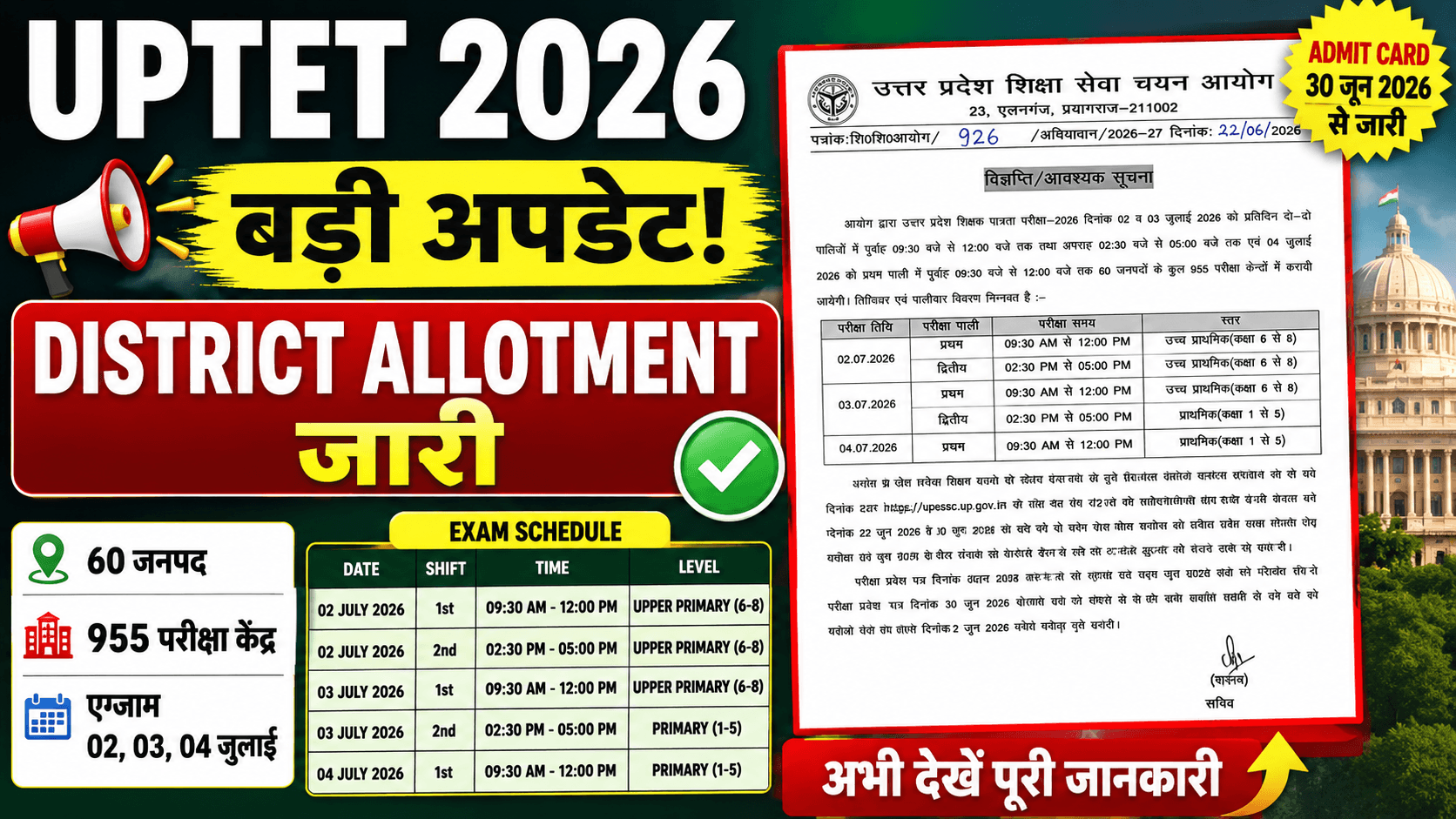 UPTET District Allotment 2026 Released, Exam Schedule, Admit Card Date and 955 Exam Centers Details