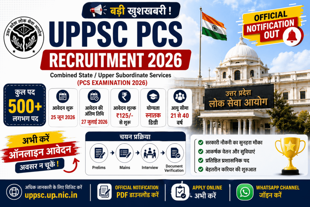 UPPSC PCS Recruitment 2026 Apply Online for 500 Posts, Notification PDF, Eligibility & Last Date 1 UPPSC PCS Recruitment 2026 Important Details, Vacancy, Eligibility, Selection Process