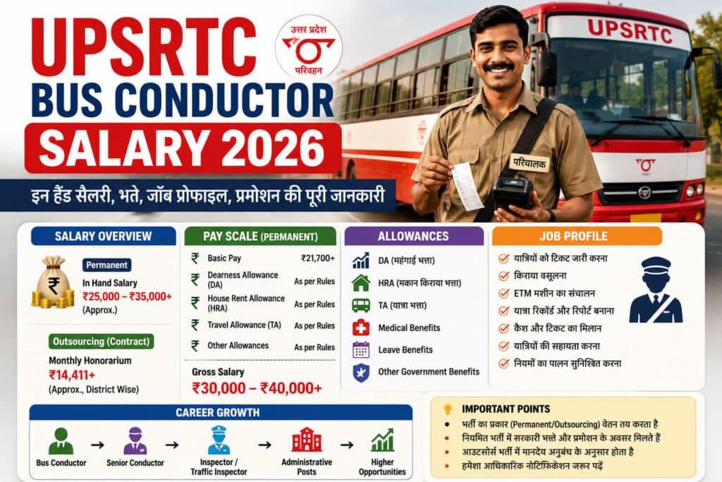 UPSRTC Bus Conductor Salary 2026: In Hand Salary, Pay Scale, Allowances, Job Profile & Promotion 1 UPSRTC Bus Conductor Salary 2026 infographic showing in hand salary, pay scale, allowances and job profile