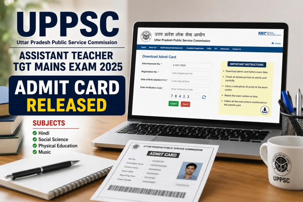 UPPSC Assistant Teacher TGT Mains Admit Card 2025 Released: Hindi, Social Science, Physical Education & Music Hall Ticket Download 1 UPPSC Assistant Teacher TGT Mains Admit Card 2025 download page for Hindi, Social Science, Physical Education and Music subjects