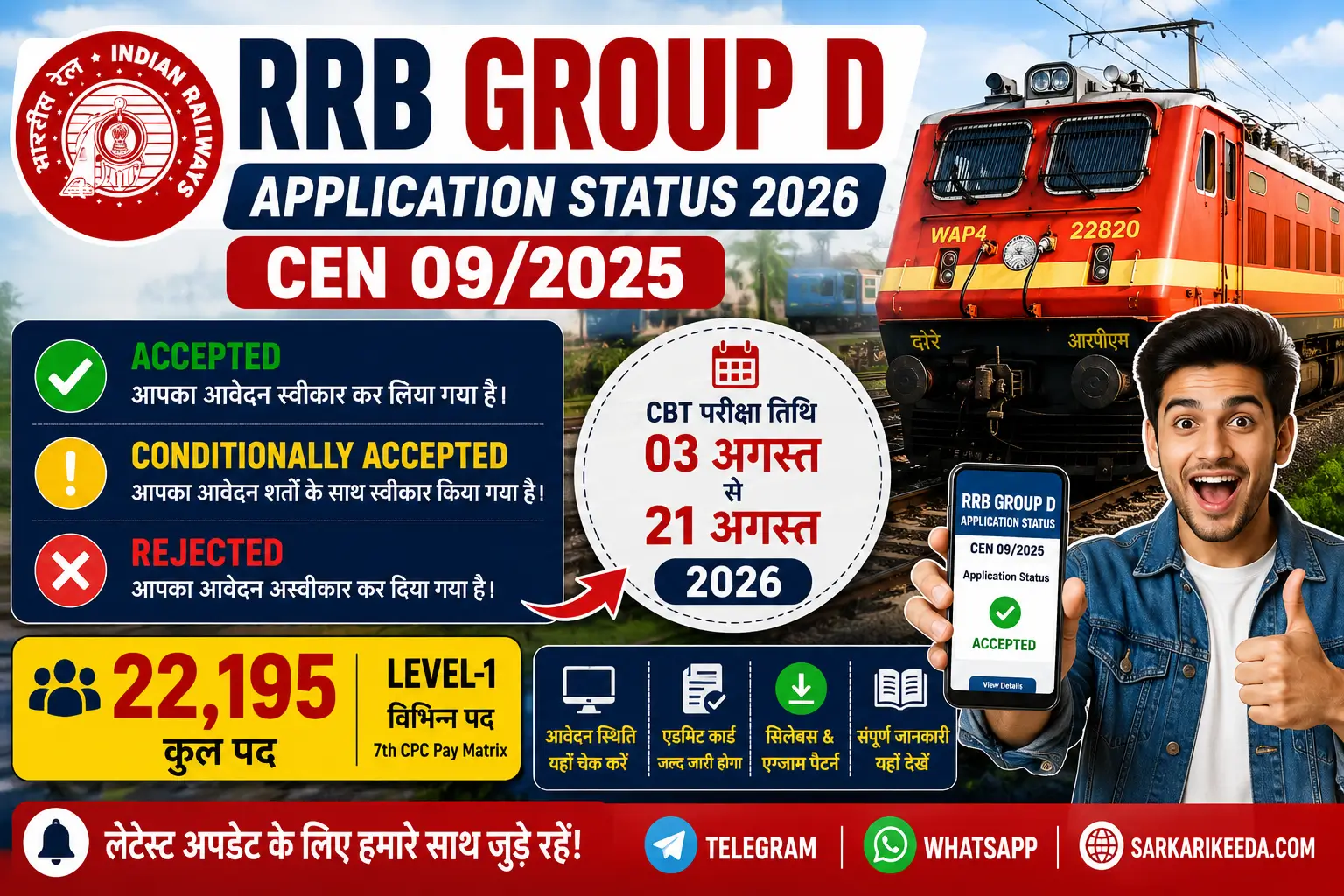 RRB Group D Application Status 2026 check online, CBT exam date 03 August to 21 August 2026 for CEN 09/2025.