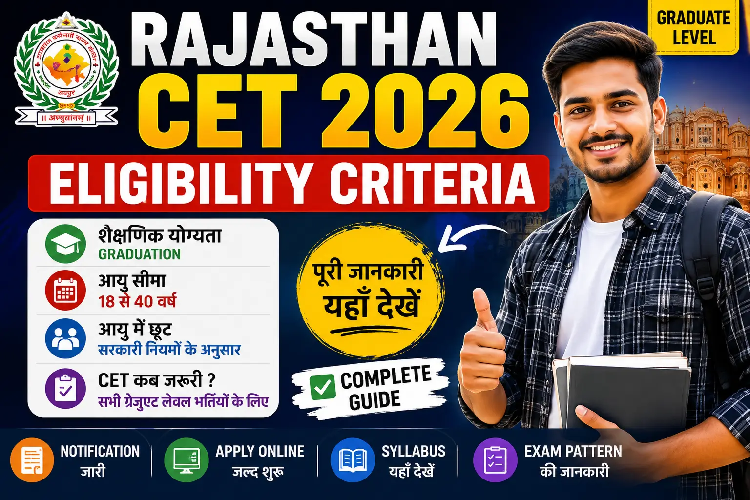 Rajasthan CET Eligibility 2026 including age limit, graduation qualification, category-wise age relaxation and complete eligibility criteria for RSSB Graduate Level CET.