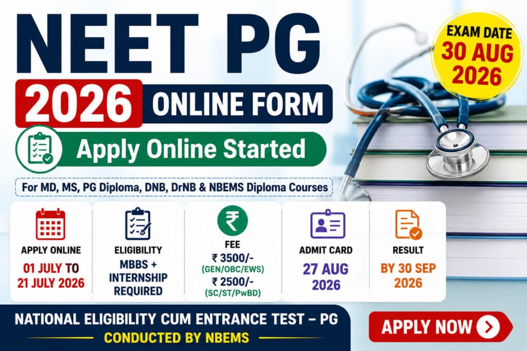 NEET PG 2026 Online Form: Apply Online, Notification, Exam Date, Eligibility, Fee, Important Dates 1 NEET PG 2026 Online Form registration started for MD MS PG Diploma admission