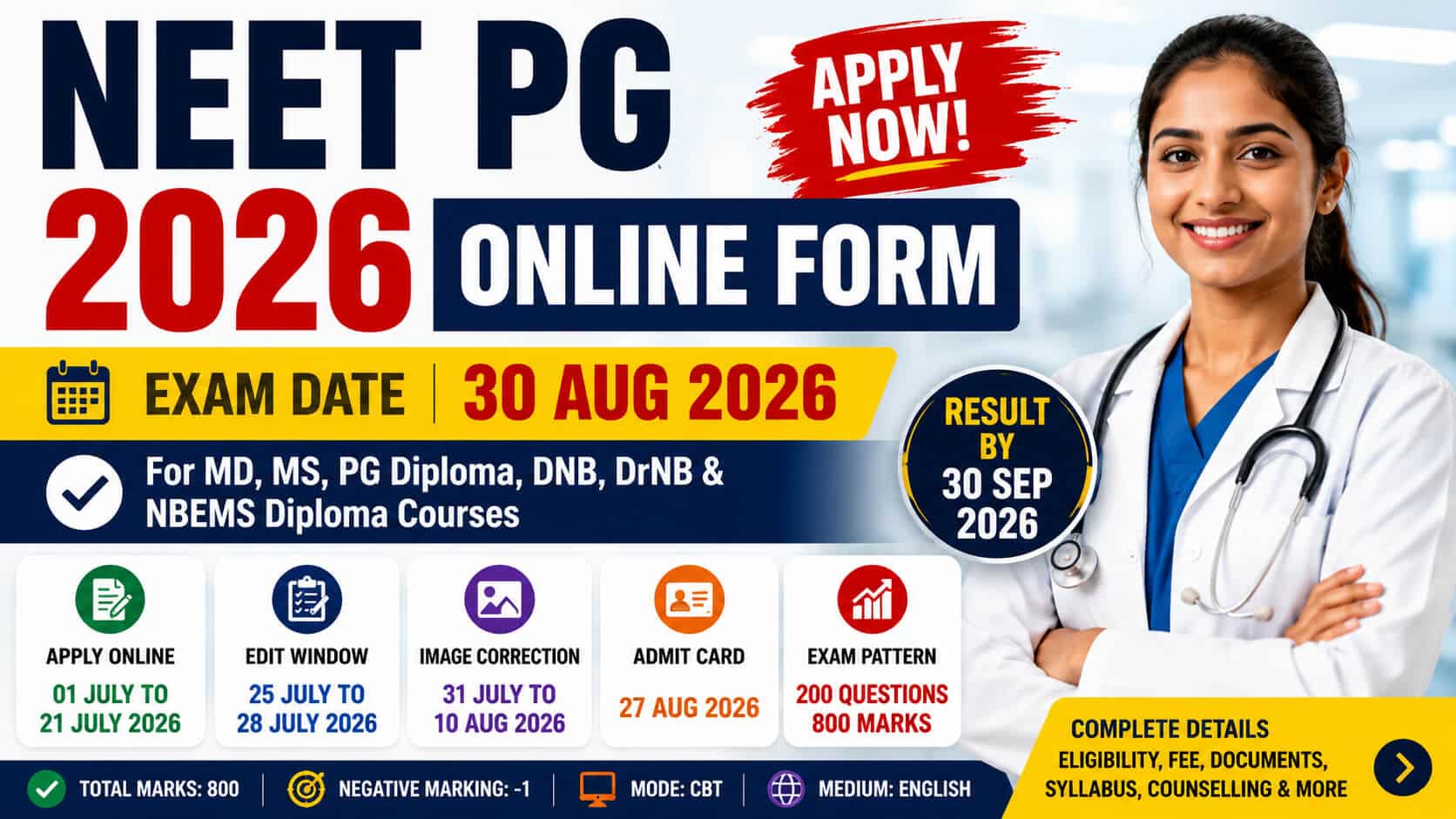 NEET PG 2026 Online Form Apply Online Exam Date 30 August 2026