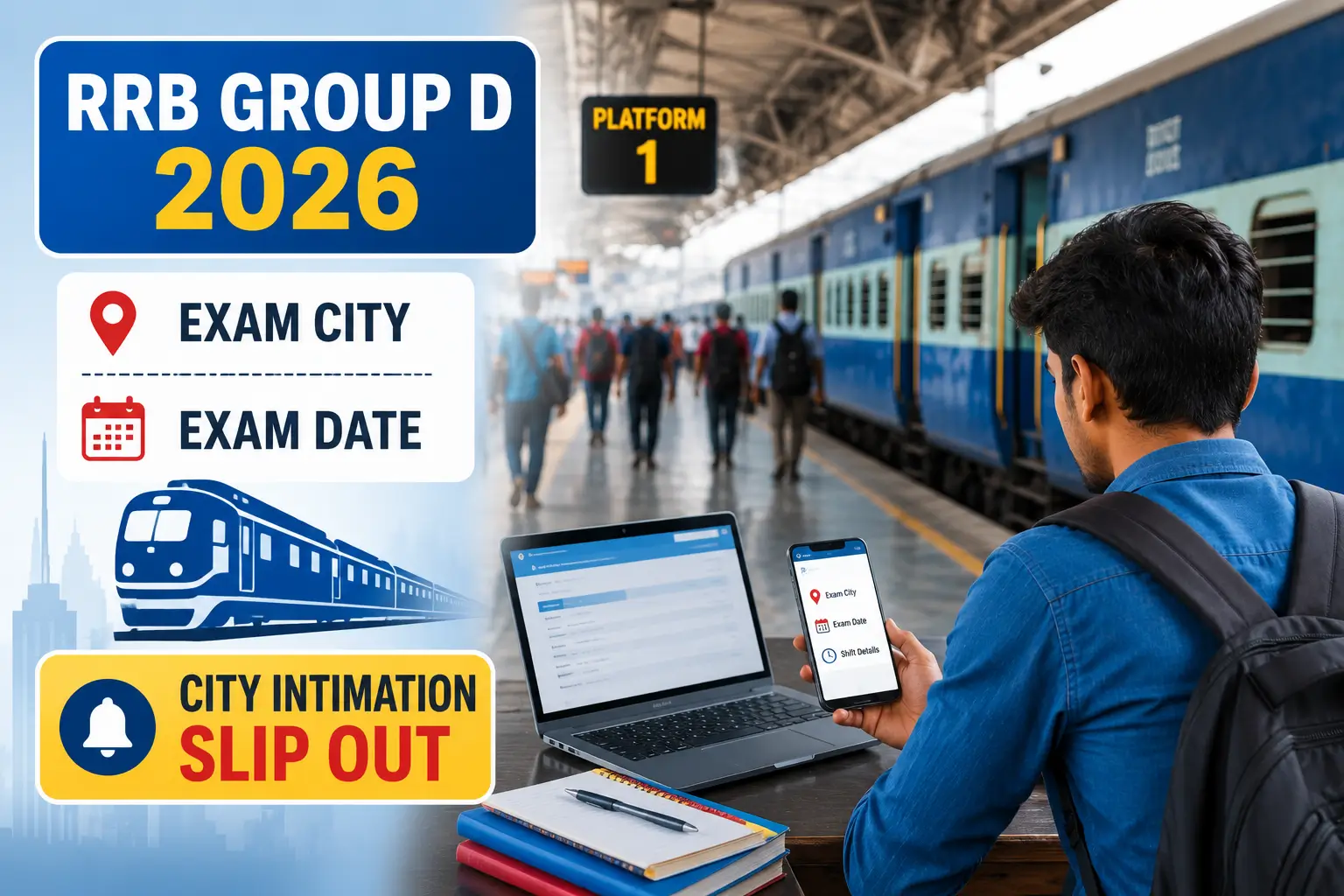 RRB Group D Exam City Intimation Slip 2026 candidates checking exam city, exam date and shift details before CBT exam