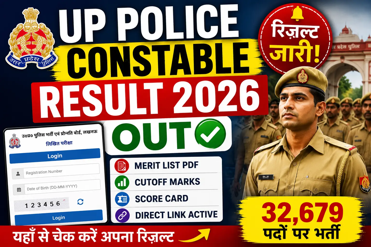 UP Police Constable Result 2026 Out Score Card Merit List Cut Off Download