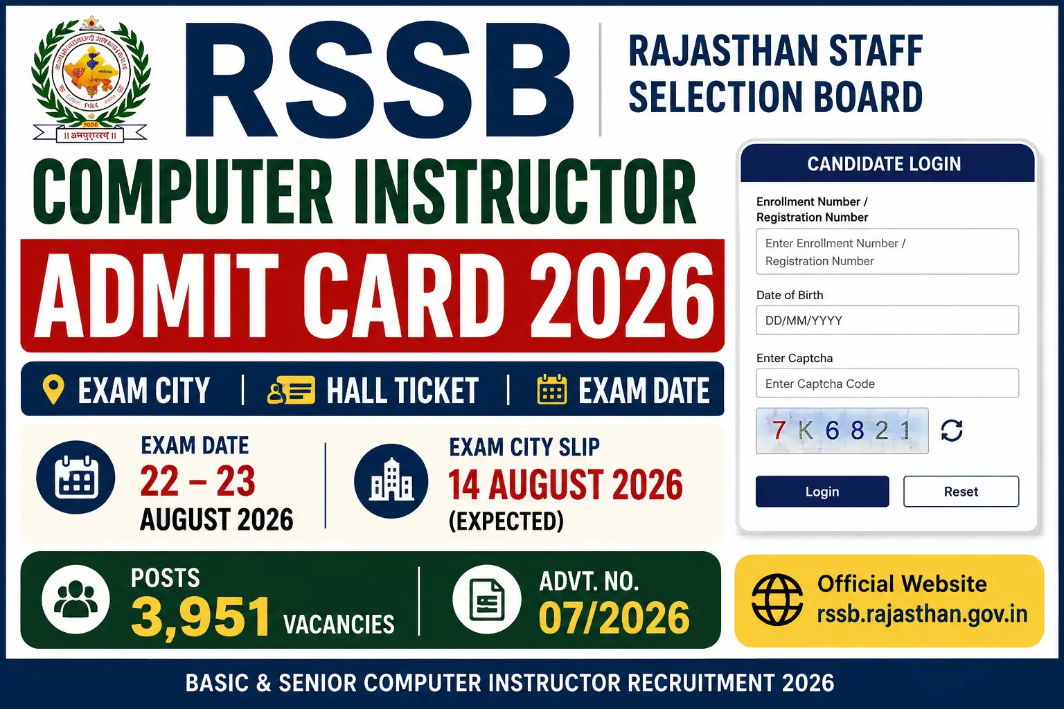 RSSB Computer Instructor Admit Card 2026 Exam City