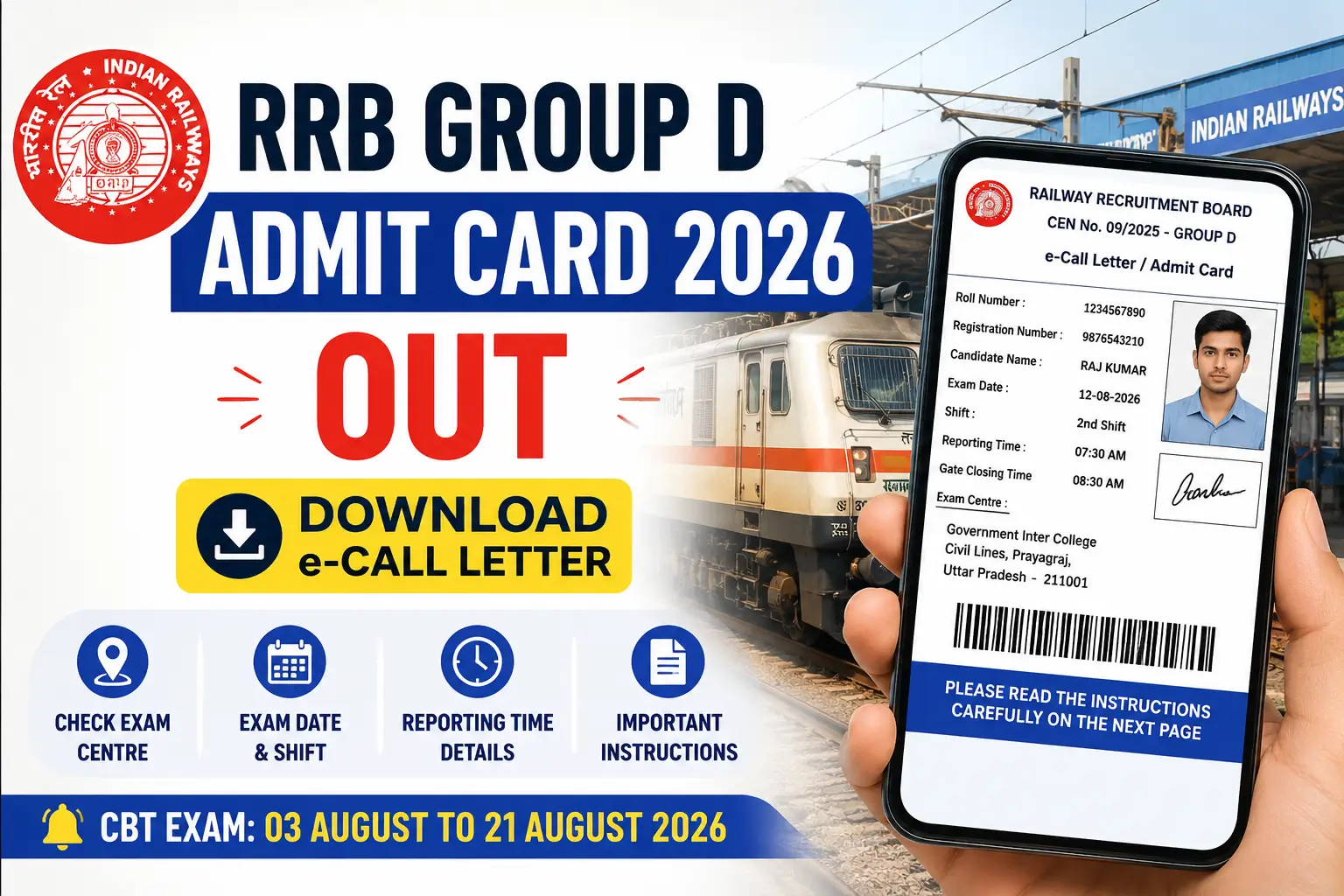 RRB Group D Admit Card 2026 download e-Call Letter, exam centre, exam date and reporting time
