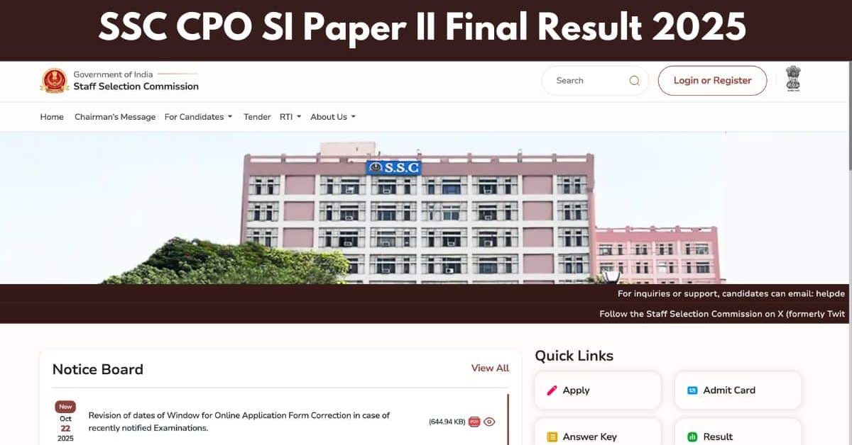 SSC CPO SI Paper II Final Result 2025