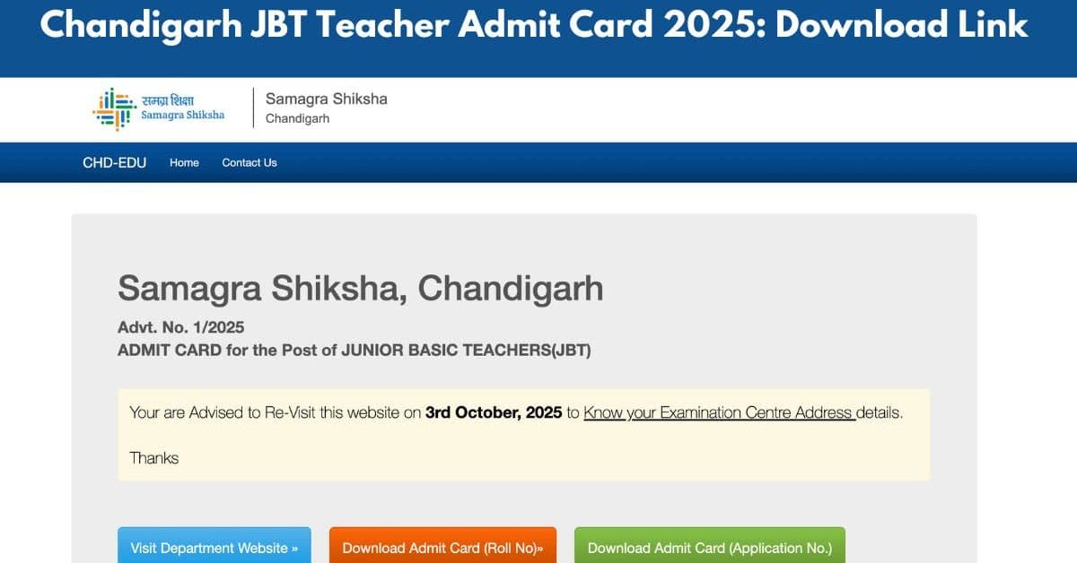 Chandigarh JBT Teacher Admit Card 2025