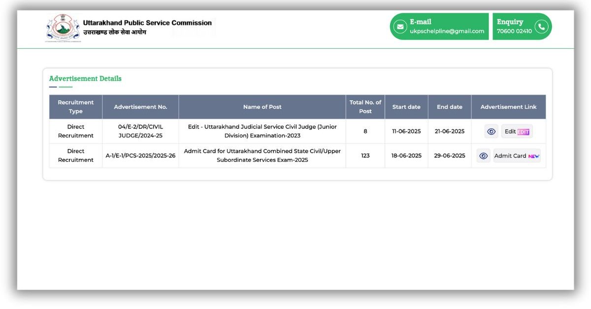 UKPSC Admit Card 2025