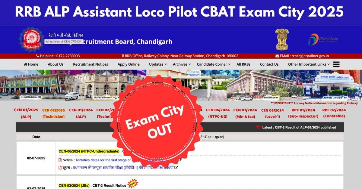 RRB ALP Assistant Loco Pilot CBAT Exam City 2025