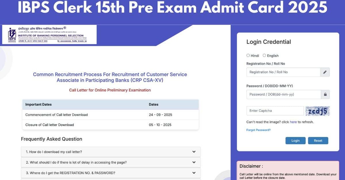 IBPS Clerk 15th Pre Exam Admit Card 2025
