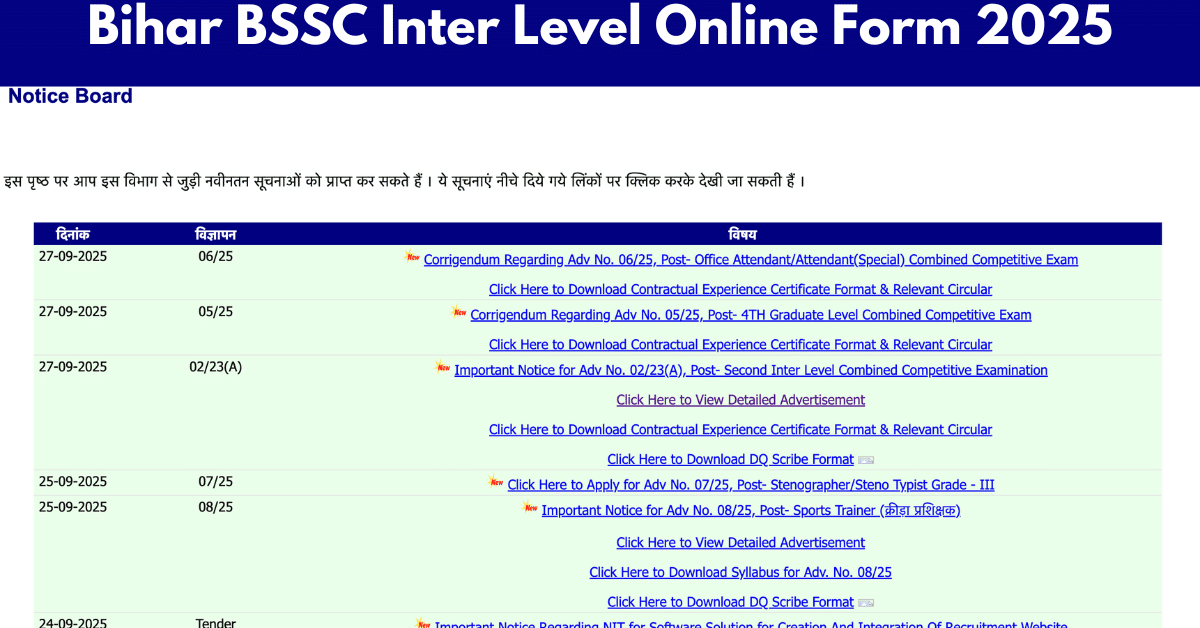 Bihar BSSC Inter Level Recruitment 2025
